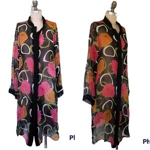HARARI Black Printed Chiffon Silk Asian Floral Tunic Top Duster Kimono Sheer